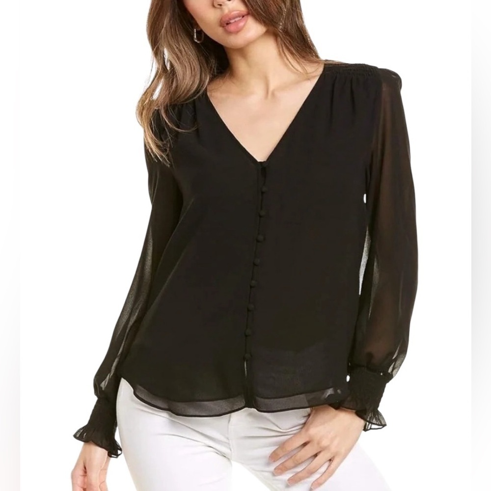 1. State Black Long Sleeve Smocked Detail Button Down Blouse Sz XXL